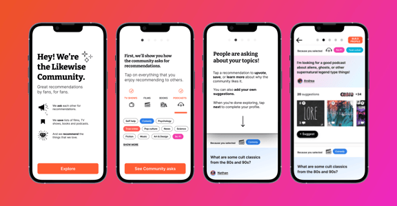 The first four interaction screens of the app.