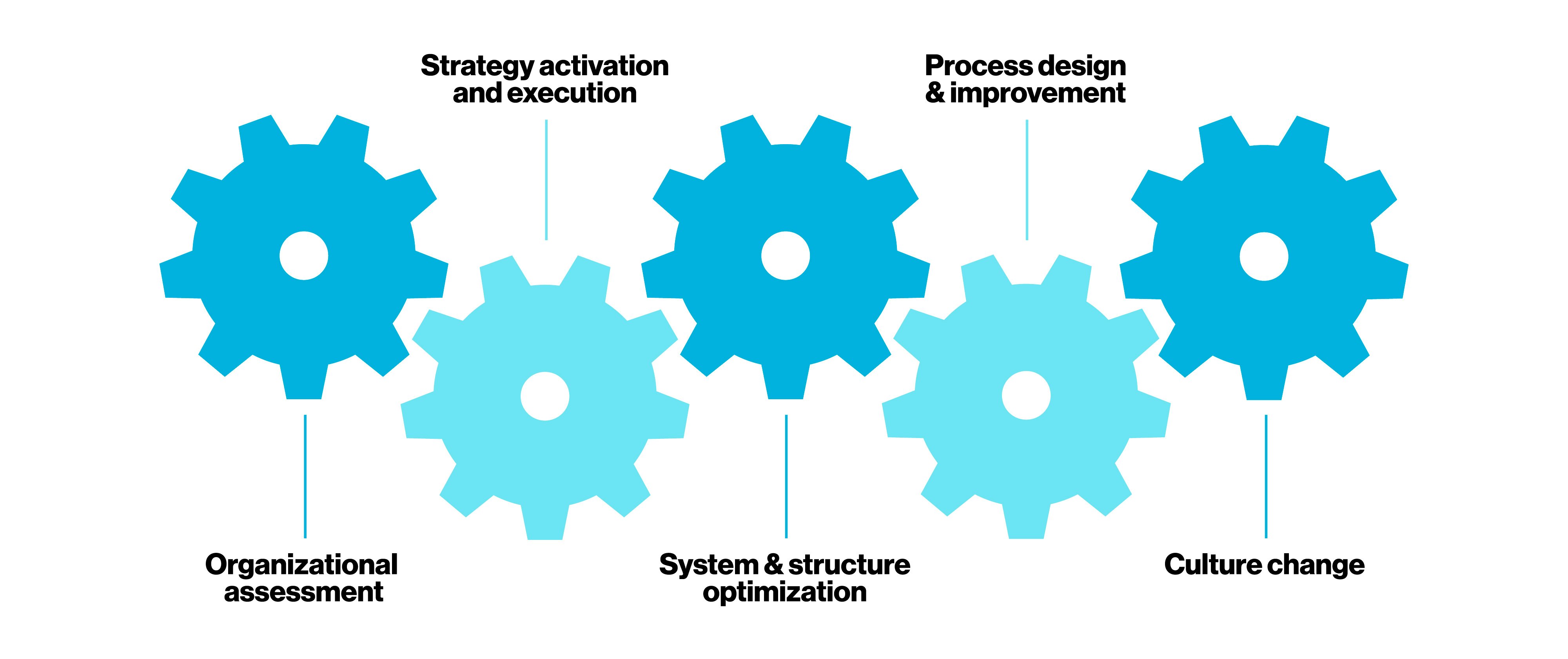 Linked gears showing the process of organizational design, labeled from left to right: organizational assessment, strategy activation and execution, system and structure optimization, process design and improvement, and culture change.